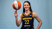 Indiana Fever guard Caitlin Clark poses for a photo during media day at Gainbridge Fieldhouse.