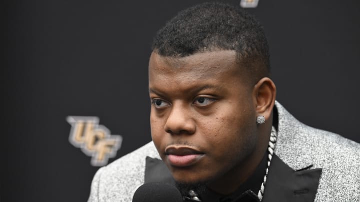 Jul 10, 2024; Las Vegas, NV, USA; UCF Knights quarterback KJ Jefferson speaks to the media during the Big 12 Media Days at Allegiant Stadium. Mandatory Credit: Candice Ward-USA TODAY Sports