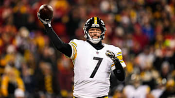 Jan 16, 2022; Kansas City, Missouri, USA; Pittsburgh Steelers quarterback Ben Roethlisberger (7) throws a pass against the Kansas City Chiefs during the second half in an AFC Wild Card playoff football game at GEHA Field at Arrowhead Stadium. Mandatory Credit: Jay Biggerstaff-Imagn Images