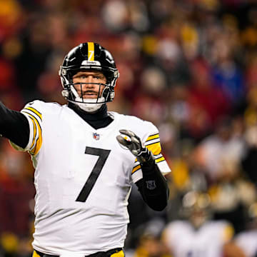 Jan 16, 2022; Kansas City, Missouri, USA; Pittsburgh Steelers quarterback Ben Roethlisberger (7) throws a pass against the Kansas City Chiefs during the second half in an AFC Wild Card playoff football game at GEHA Field at Arrowhead Stadium. Mandatory Credit: Jay Biggerstaff-Imagn Images