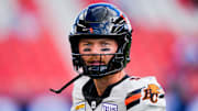 Jun 9, 2024; Toronto, Ontario, CAN; BC Lions quarterback Jake Dolegala (9) looks on during a break in play in a CFL game against the Toronto Argonauts at BMO Field. Mandatory Credit: Kevin Sousa-Imagn Images