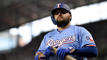 Texas Rangers first baseman Rowdy Tellez (44) walks to the on deck circle during the game against the Cleveland Guardians at Globe Life Field. 