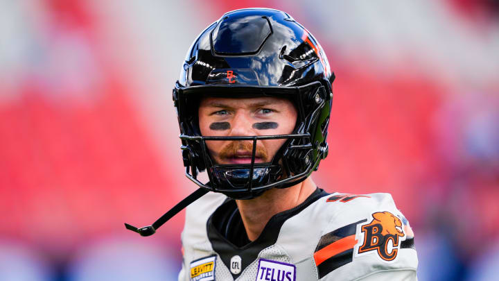 Jun 9, 2024; Toronto, Ontario, CAN; BC Lions quarterback Jake Dolegala (9) looks on during a break in play in a CFL game against the Toronto Argonauts at BMO Field. Mandatory Credit: Kevin Sousa-USA TODAY Sports