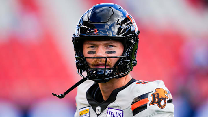 Jun 9, 2024; Toronto, Ontario, CAN; BC Lions quarterback Jake Dolegala (9) looks on during a break in play in a CFL game against the Toronto Argonauts at BMO Field. Mandatory Credit: Kevin Sousa-Imagn Images