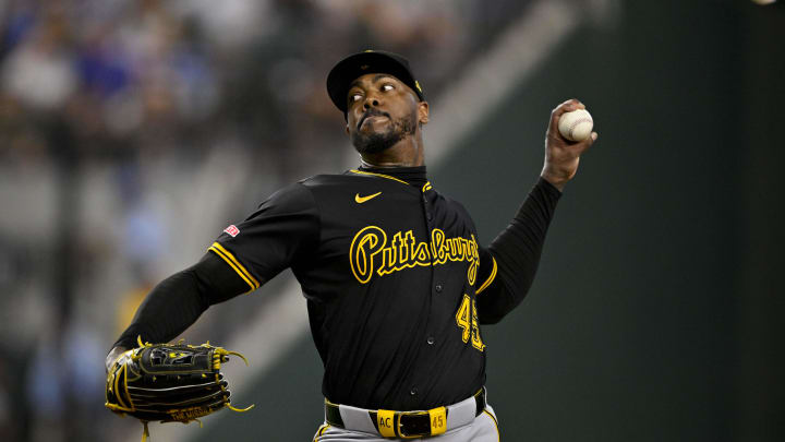 Pittsburgh Pirates relief pitcher Aroldis Chapman (45) pitches against the Texas Rangers during the eighth inning at Globe Life Field on Aug 21.