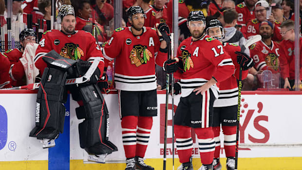 Chicago Blackhawks players during a game against the Carolina Hurricanes