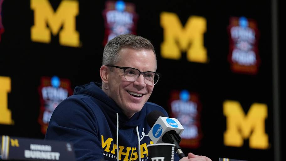 Michigan coach Dusty May during a press conference ahead of the Final Four.