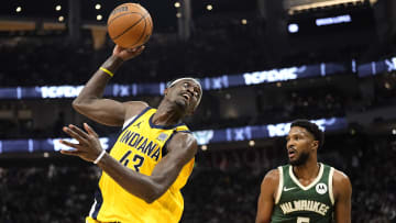 Apr 30, 2024; Milwaukee, Wisconsin, USA;  Indiana Pacers forward Pascal Siakam (43) reaches for a pass as Milwaukee Bucks guard Malik Beasley (5) looks on during the third quarter during game five of the first round for the 2024 NBA playoffs at Fiserv Forum. Mandatory Credit: Jeff Hanisch-USA TODAY Sports