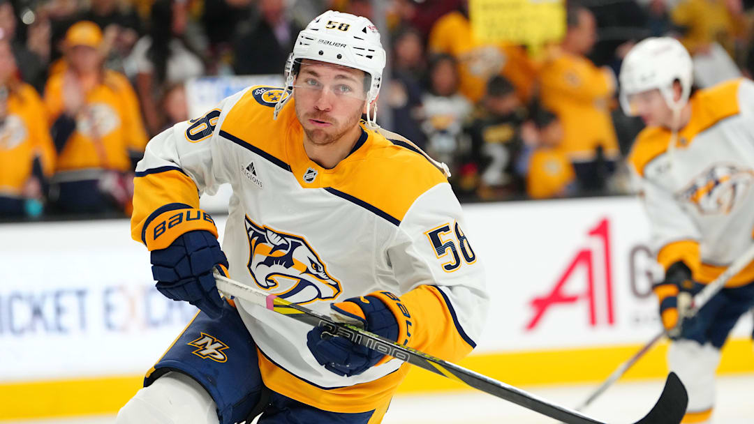 Apr 12, 2025; Las Vegas, Nevada, USA; Nashville Predators left wing Michael Bunting (58) warms up before a game against the Vegas Golden Knights at T-Mobile Arena. Mandatory Credit: Stephen R. Sylvanie-Imagn Images