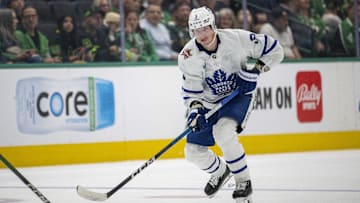 Oct 26, 2023; Dallas, Texas, USA; Toronto Maple Leafs defenseman John Klingberg (3) in action during the game between the Dallas Stars and the Toronto Maple Leafs at the American Airlines Center. Mandatory Credit: Jerome Miron-Imagn Images