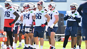 Jul 23, 2025; Foxborough, MA, USA; New England Patriots offensive tackle Will Campbell (66) look on before the start of drills  at training camp at Gillette Stadium. Mandatory Credit: Eric Canha-Imagn Images
