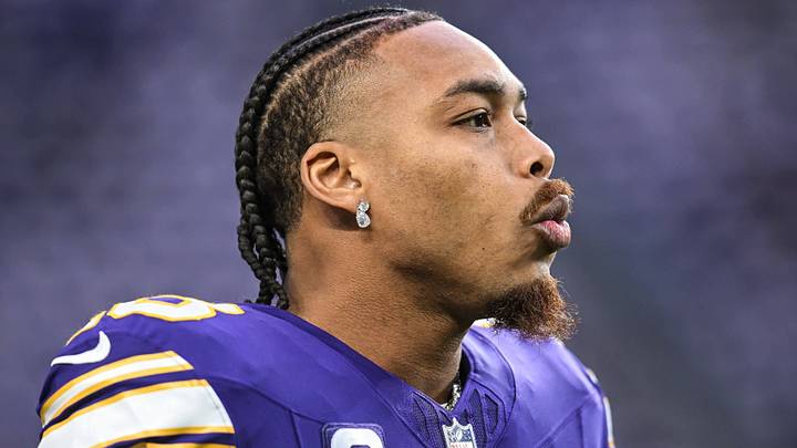 Jan 4, 2026; Minneapolis, Minnesota, USA; Minnesota Vikings wide receiver Justin Jefferson (18) warms up prior to the game against the Green Bay Packers at U.S. Bank Stadium. Mandatory Credit: Jeffrey Becker-Imagn Images