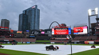 May 8, 2024; St. Louis, Missouri, USA;  A general view of the tarp on the field as storms move through the St. Louis region delaying a game between the St. Louis Cardinals and the New York Mets at Busch Stadium. Mandatory Credit: Jeff Curry-USA TODAY Sports