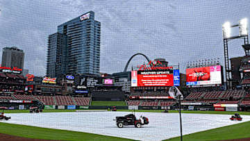 May 8, 2024; St. Louis, Missouri, USA;  A general view of the tarp on the field as storms move through the St. Louis region delaying a game between the St. Louis Cardinals and the New York Mets at Busch Stadium. Mandatory Credit: Jeff Curry-Imagn Images