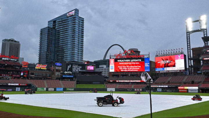 May 8, 2024; St. Louis, Missouri, USA;  A general view of the tarp on the field as storms move through the St. Louis region delaying a game between the St. Louis Cardinals and the New York Mets at Busch Stadium. Mandatory Credit: Jeff Curry-USA TODAY Sports