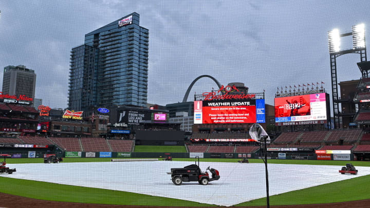 May 8, 2024; St. Louis, Missouri, USA;  A general view of the tarp on the field as storms move through the St. Louis region delaying a game between the St. Louis Cardinals and the New York Mets at Busch Stadium. Mandatory Credit: Jeff Curry-USA TODAY Sports