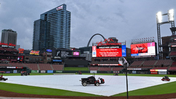May 8, 2024; St. Louis, Missouri, USA;  A general view of the tarp on the field as storms move through the St. Louis region delaying a game between the St. Louis Cardinals and the New York Mets at Busch Stadium. Mandatory Credit: Jeff Curry-USA TODAY Sports