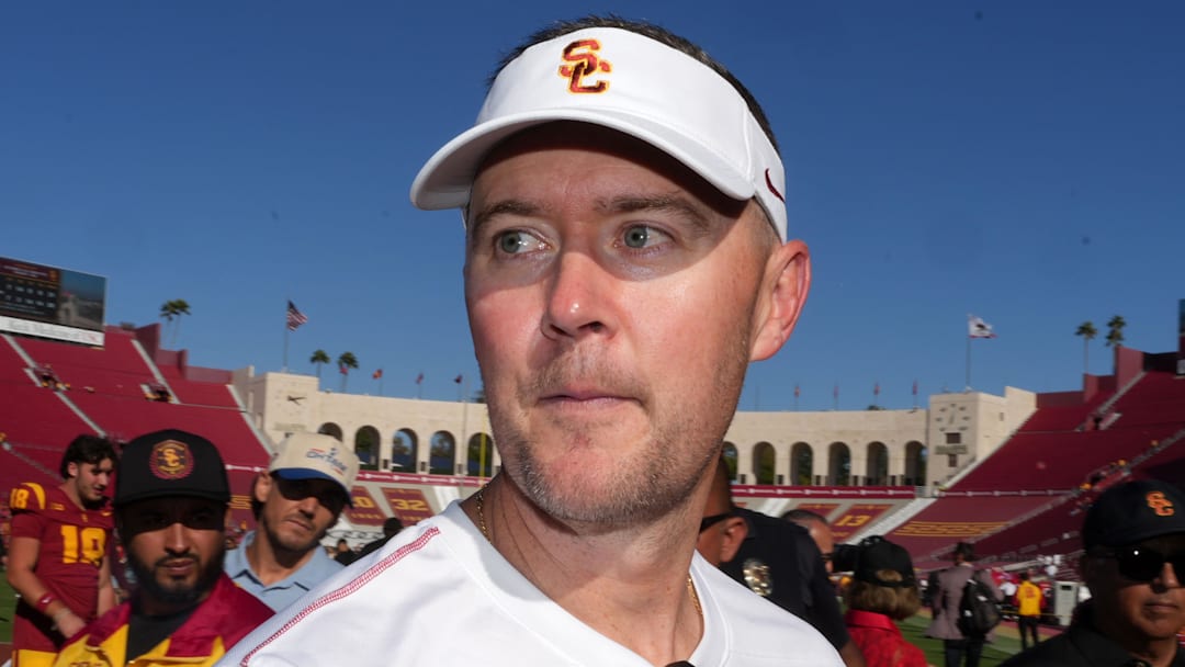 Sep 28, 2024; Los Angeles, California, USA; Southern California Trojans head coach Lincoln Riley reacts after a game against the Wisconsin Badgers at United Airlines Field at Los Angeles Memorial Coliseum. Mandatory Credit: Kirby Lee-Imagn Images