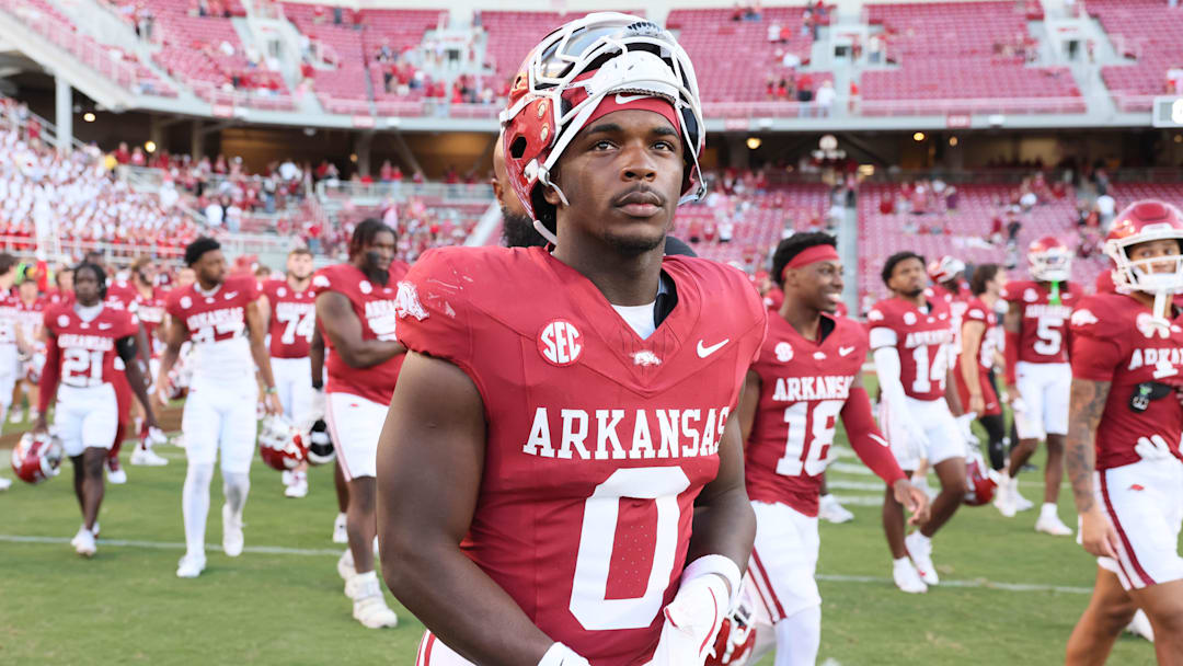 Sep 14, 2024; Fayetteville, Arkansas, USA; Arkansas Razorbacks running back Braylen Russell (0) after the game against the UAB Blazers at Donald W. Reynolds Razorback Stadium. Arkansas won 37-27. Mandatory Credit: Nelson Chenault-Imagn Images