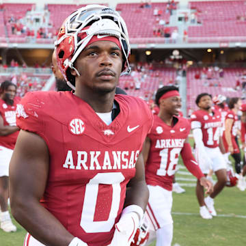 Sep 14, 2024; Fayetteville, Arkansas, USA; Arkansas Razorbacks running back Braylen Russell (0) after the game against the UAB Blazers at Donald W. Reynolds Razorback Stadium. Arkansas won 37-27. Mandatory Credit: Nelson Chenault-Imagn Images