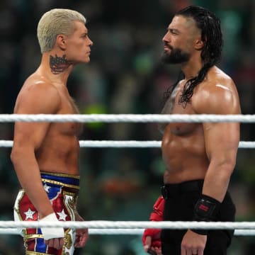 Apr 7, 2024; Philadelphia, PA, USA; 	WWE Universal Championship match between Roman Reigns and Cody Rhodes during Wrestlemania XL Sunday at Lincoln Financial Field. Mandatory Credit: Joe Camporeale-USA TODAY Sports