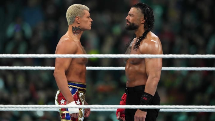 Apr 7, 2024; Philadelphia, PA, USA; 	WWE Universal Championship match between Roman Reigns and Cody Rhodes during Wrestlemania XL Sunday at Lincoln Financial Field.