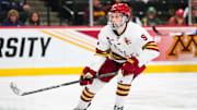 Apr 11, 2024; Saint Paul, Minnesota, USA; Boston College Eagles forward Ryan Leonard (9) looks on in the semifinals of the 2024 Frozen Four college ice hockey tournament against the Michigan Wolverines at Xcel Energy Center. Mandatory Credit: Brace Hemmelgarn-Imagn Images