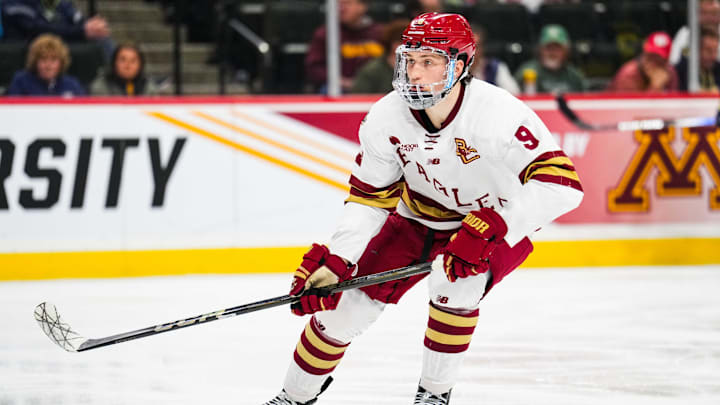 Apr 11, 2024; Saint Paul, Minnesota, USA; Boston College Eagles forward Ryan Leonard (9) looks on in the semifinals of the 2024 Frozen Four college ice hockey tournament against the Michigan Wolverines at Xcel Energy Center. Mandatory Credit: Brace Hemmelgarn-Imagn Images