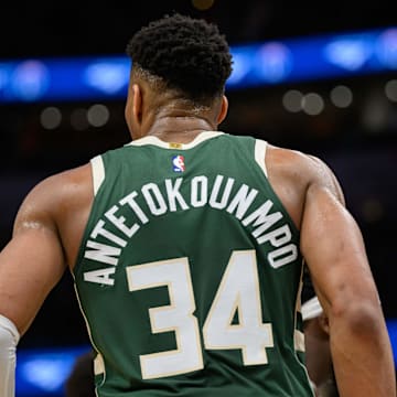 Milwaukee Bucks forward Giannis Antetokounmpo (34) walks to the sideline during the second quarter against the Washington Wizards at Capital One Arena. 