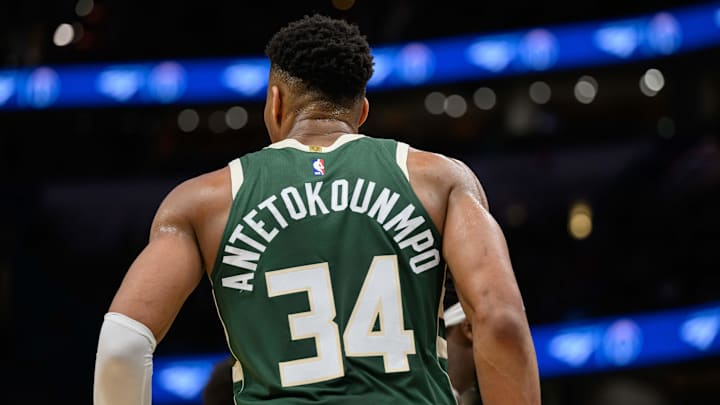 Milwaukee Bucks forward Giannis Antetokounmpo (34) walks to the sideline during the second quarter against the Washington Wizards at Capital One Arena. 