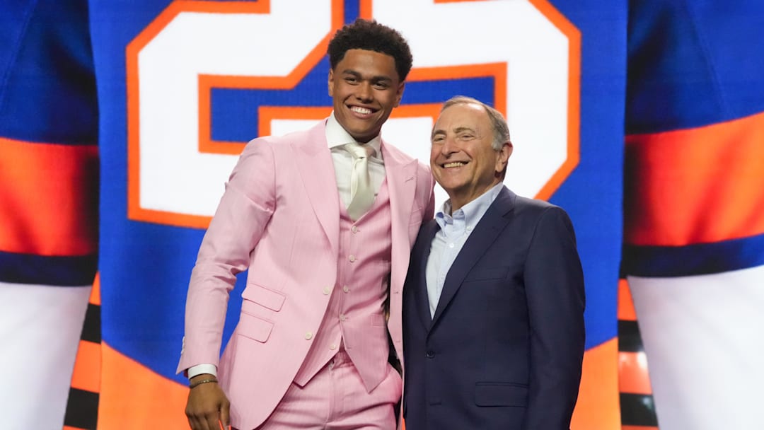 Jun 27, 2025; Los Angeles, California, USA; Kashawn Aitcheson is selected as the 17th overall pick to the New York Islanders in the first round of the 2025 NHL Draft at Peacock Theater. Mandatory Credit: Kirby Lee-Imagn Images