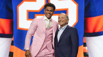 Jun 27, 2025; Los Angeles, California, USA; Kashawn Aitcheson is selected as the 17th overall pick to the New York Islanders in the first round of the 2025 NHL Draft at Peacock Theater. Mandatory Credit: Kirby Lee-Imagn Images