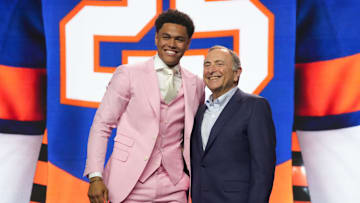 Jun 27, 2025; Los Angeles, California, USA; Kashawn Aitcheson is selected as the 17th overall pick to the New York Islanders in the first round of the 2025 NHL Draft at Peacock Theater. Mandatory Credit: Kirby Lee-Imagn Images
