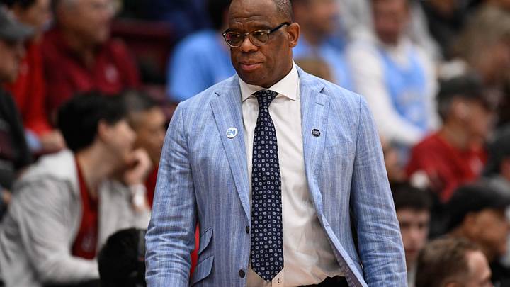 Jan 14, 2026; Stanford, California, USA; North Carolina Tar Heels head coach Hubert Davis looks on against the Stanford Cardinal in the first half at Maples Pavilion. Mandatory Credit: Eakin Howard-Imagn Images