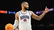 Apr 4, 2025; San Antonio, TX, USA; Auburn Tigers forward Johni Broome (4) during a practice session for the Final Four of the 2025 NCAA tournament at Alamodome. Mandatory Credit: Bob Donnan-Imagn Images