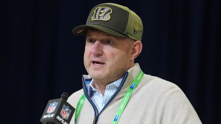 Feb 24, 2026; Indianapolis, IN, USA; Cincinnati Bengals general manager Duke Tobin speaks at the NFL Scouting Combine at the Indiana Convention Center. Mandatory Credit: Kirby Lee-Imagn Images