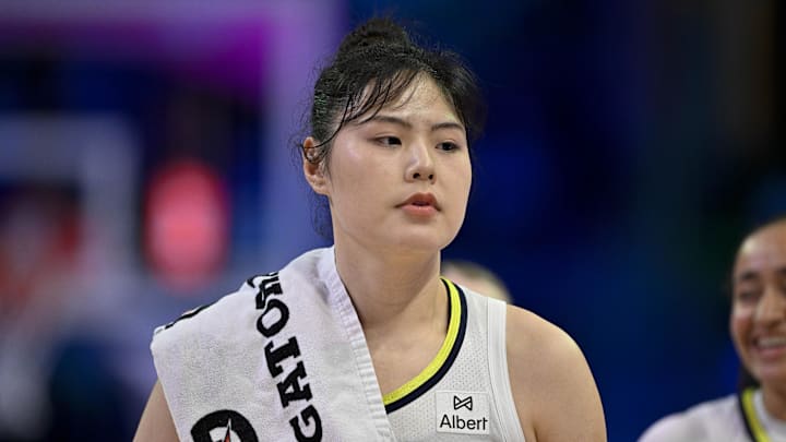 Aug 8, 2025; Arlington, Texas, USA; Dallas Wings center Li Yueru (28) during the game between the Dallas Wings and the New York Liberty at College Park Center. Mandatory Credit: Jerome Miron-Imagn Images
