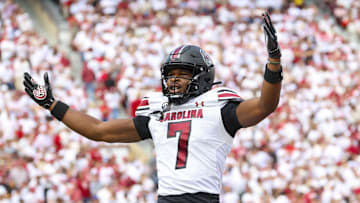 Oct 19, 2024; Norman, Oklahoma, USA;  South Carolina Gamecocks defensive back Nick Emmanwori (7) reacts after returning an interception for a touchdown during the first half against the Oklahoma Sooners at Gaylord Family-Oklahoma Memorial Stadium. Mandatory Credit: Kevin Jairaj-Imagn Images