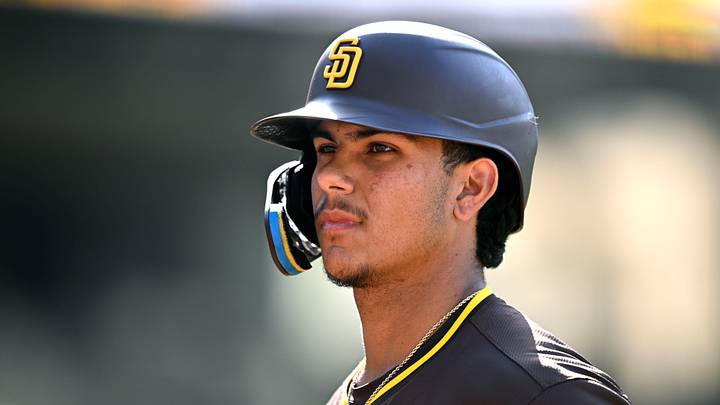 Mar 26, 2024; San Diego, California, USA; San Diego Padres catcher Ethan Salas (88) looks on during the ninth inning against the Seattle Mariners at Petco Park. Mandatory Credit: Orlando Ramirez-USA TODAY Sports