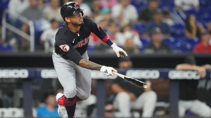 Jun 9, 2024; Miami, Florida, USA; Cleveland Guardians designated hitter Gabriel Arias (13) watches his home run leave the ballpark against the Miami Marlins in the second  inning at loanDepot Park. Mandatory Credit: Jim Rassol-USA TODAY Sports