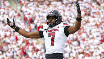 Oct 19, 2024; Norman, Oklahoma, USA;  South Carolina Gamecocks defensive back Nick Emmanwori (7) reacts after returning an interception for a touchdown during the first half against the Oklahoma Sooners at Gaylord Family-Oklahoma Memorial Stadium. Mandatory Credit: Kevin Jairaj-Imagn Images