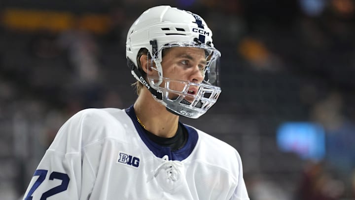 Oct 4, 2025; Tempe, AZ, USA; Penn State Nittany Lions forward Gavin McKenna (72) warms up before the game against the Arizona State Sun Devils at Mullett Arena. Mandatory Credit: Joe Camporeale-Imagn Images