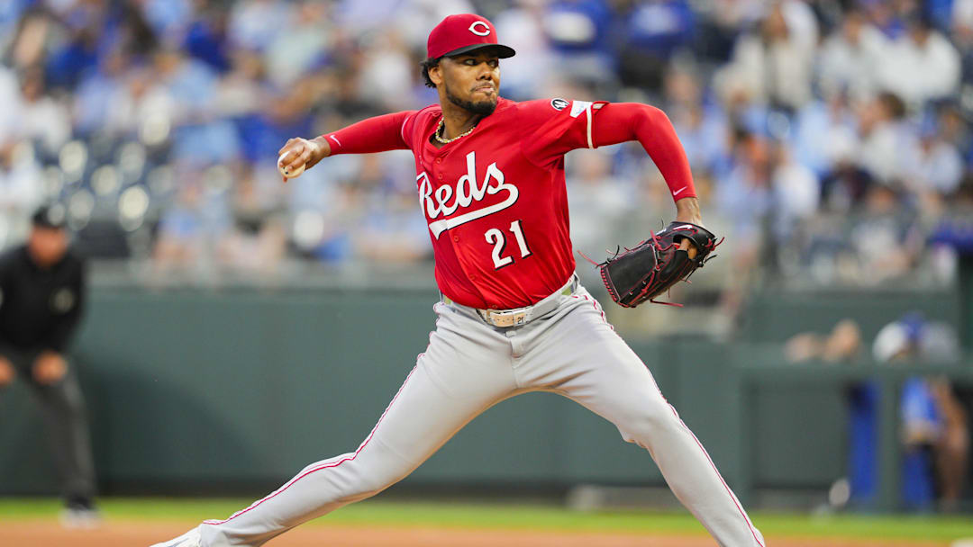 May 28, 2025; Kansas City, Missouri, USA; Cincinnati Reds starting pitcher Hunter Greene (21) pitches against the Kansas City Royals at Kauffman Stadium. Mandatory Credit: Jay Biggerstaff-Imagn Images