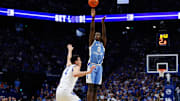 Dec 2, 2025; Lexington, Kentucky, USA; North Carolina Tar Heels forward Caleb Wilson (8) shoots the ball during the first half against the Kentucky Wildcats at Rupp Arena at Central Bank Center. Mandatory Credit: Jordan Prather-Imagn Images