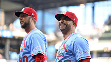 May 31, 2025; Arlington, Texas, USA; St. Louis Cardinals manager Oliver Marmol (37) and pitching coach Dusty Blake (90) look to the stands after the Cardinals defeat the Texas Rangers at Globe Life Field. Mandatory Credit: Jerome Miron-Imagn Images