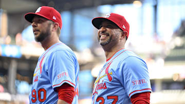 May 31, 2025; Arlington, Texas, USA; St. Louis Cardinals manager Oliver Marmol (37) and pitching coach Dusty Blake (90) look to the stands after the Cardinals defeat the Texas Rangers at Globe Life Field. Mandatory Credit: Jerome Miron-Imagn Images