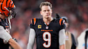 Cincinnati Bengals quarterback Joe Burrow (9) celebrates after the game-winning touchdown pass to Tee Higgins in overtime of the NFL Week 17 game between the Cincinnati Bengals and the Denver Broncos at Paycor Stadium in downtown Cincinnati on Saturday, Dec. 28, 2024. The Bengals took a 30-24 win in overtime to remain in the post season chase.