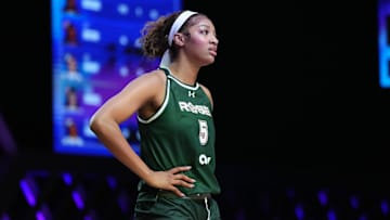 Angel Reese of Rose BC takes a moment against the Vinyl during a timeoutin the Unrivaled women’s 3v3 basketball league.  