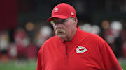 Aug 9, 2025; Glendale, Arizona, USA; Kansas City Chiefs head coach Andy Reid looks before the game against the Arizona Cardinals at State Farm Stadium. Mandatory Credit: Joe Camporeale-Imagn Images