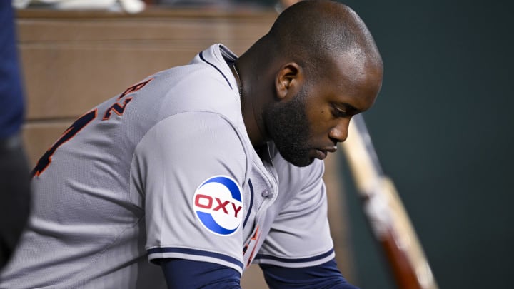 Aug 5, 2024; Arlington, Texas, USA; Houston Astros designated hitter Yordan Alvarez (44) checks the team computer during the third inning against the Texas Rangers at Globe Life Field